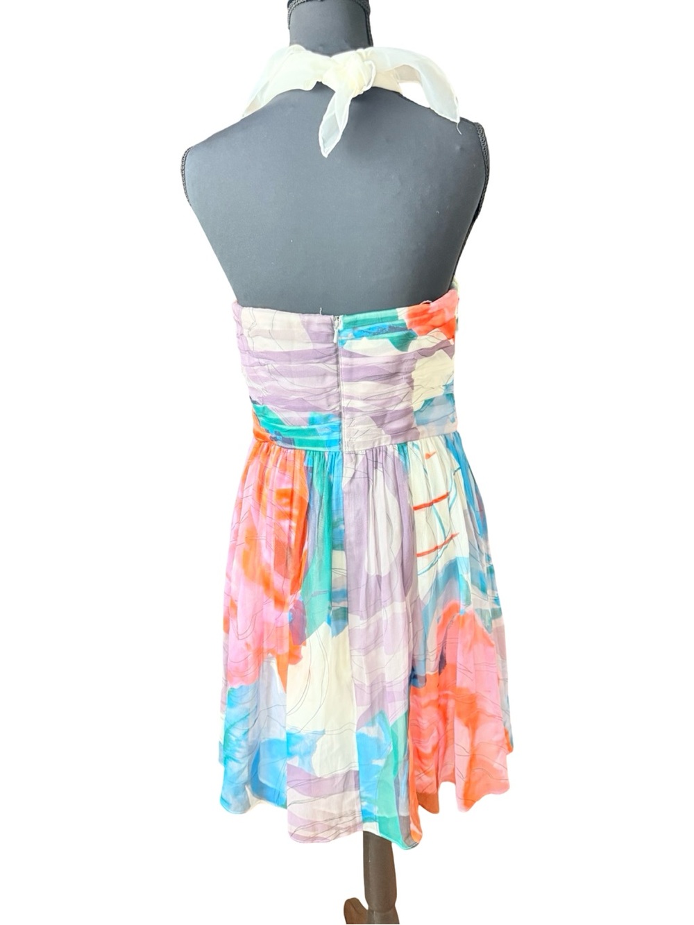Donna Morgan 100% Silk Watercolor Strapless Halter Mini Dress Size 8 Multicolor - Picture 4 of 6